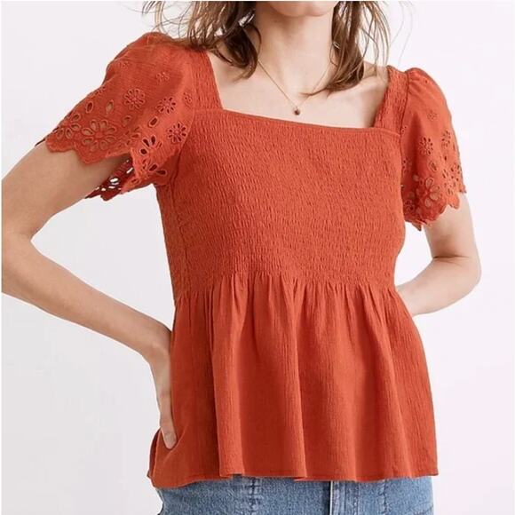 Madewell Rust Eyelet-Sleeve Lucie Smocked Peplum Top Size Large - Picture 2 of 8